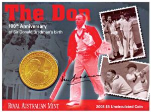 Australia, Sir Donald Bradman 1908-2001, $5 and 20 cents, Aluminum Bronze and Copper Nicke