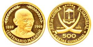 Equatorial Guinea, Mahatma Gandhi Birth Centenary, Gold 7g, 500 Pesetas, 1970, portrait of
