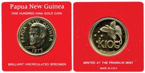 Papua New Guinea, Gold 9.57g., 100 Kina, 1975, Bird of Paradise on rev., (KM 9). Brilliant