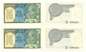 George V, Rupee 1, 2nd issue, 1935, signed J. W. Kelly, pair in order of serial number, (J
