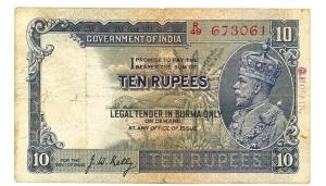 George V, Burma, Rupees 10, signed J. W. Kelly, LEGAL TENDER IN BURMA ONLY, black overprin