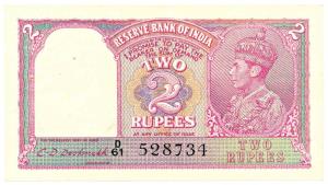 George VI, Rupees 2, 1943, signed C. D. Deshmukh, (Jhun #2.2). Uncirculated, Scarce.