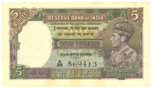 George VI, Rupees 5, 1st issue, 1938, signed J. B. Taylor, (Jhun #3.1). Slight stain at bo