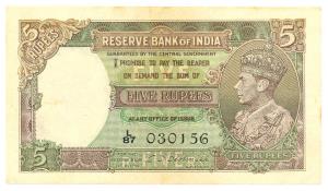 George VI, Rupees 5, 1st issue, 1938, signed C. D. Deshmukh, (Jhun #3.2). Very Fine.