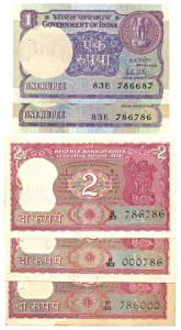 Rupee 1 (2) and Rupees 2 (3), signed R. N. Malhotra and I. G. Patel, assorted serial no. s