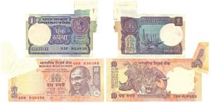 Rupee 1 & Rupees 10, 1985 and 1996, Error, extra piece of paper in the cutting margin, (Jh