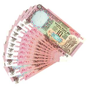 Rupees 10, set of 11 notes, signed R. N. Malhotra, a number misprinted in the lower serial