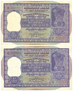 Rupees 100, 29 notes of different varieties and signatures, starting from Bhattacharya and