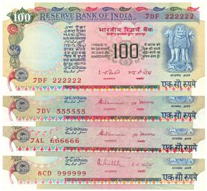 Rupees 100, fancy numbers, 222222, 555555, 666666 and 999999, 3 different signatures. Unci