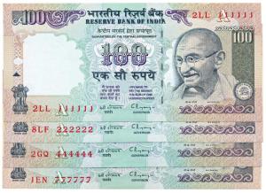 Rupees 100, fancy numbers, 111111, 222222, 444444 and 777777, signed C. Rangarajan. Uncirc