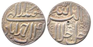 Akbar, Silver, Rupee, Ahmedabad Mint, Allahu Akbar type, Ilahi 4, Isfandarmuz Month. About
