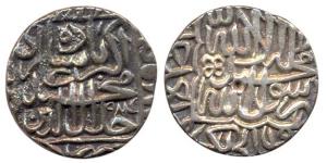 Akbar, Silver Rupee, Ahmedabad Mint, Kalima type, AH 984, mint name not visible. About Ext