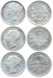 Victoria Queen, Silver (3), ¼ Rupee, 1840, continuous legend (1), divided legend (2). Fine