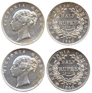 Victoria Queen, Silver (2), ½ Rupee, 1840, continuous legend, English Head, 19 Berries. Ex