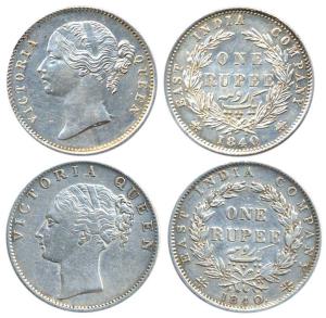 Victoria Queen, Silver, Rupee (2), 1840, continuous legend and divided legend, English Hea