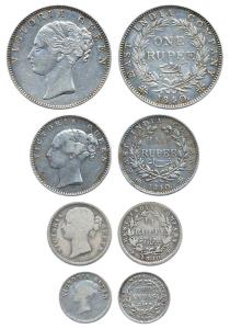 Victoria Queen, Silver (4), Rupee, ½ Rupee, ¼ Rupee, 1840 and 1841, 2 Annas. Good to Very 