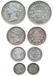 Victoria Queen, Silver (4), Rupee, ½ Rupee, ¼ Rupee 1840 and 1841, 2 Annas. Very Good to V