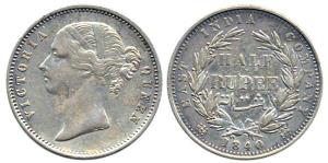 Victoria Queen, ½ Rupee, 1840, divided legend, Calcutta Mint, W.W. incuse. Very Fine.