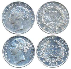 Victoria Queen, Silver (2), Rupee, 1840, continuous legend, 35 Berries, Crescent, ’M’ incu