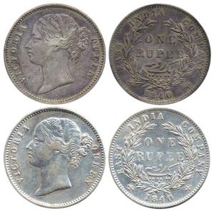 Victoria Queen, Silver (2), Rupee, 1840, divided legend, Calcutta Mint (2), W.W. Raised, 2
