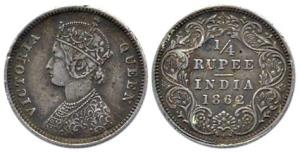 Victoria Queen, Silver, ¼ Rupee, 1862, Calcutta Mint, obv A / rev I, 19.30 mm . Fine+.