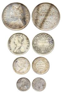 Victoria Queen, Silver (4), set of 4, Rupee, ½ Rupee, ¼ Rupee, and 2 Annas, 1862. Fine to 