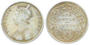 Victoria Queen, Silver, Rupee, 1862, obv A / rev II Top One Dot, Bottom Two Dots, twelfth 