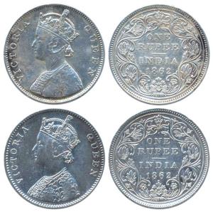 Victoria Queen (2), Silver, Rupee, 1862, Bombay Mint, B / II / 1 / 0. Scarce, About Fine t