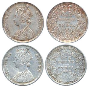 Victoria Queen, Silver (2), Rupee, 1862, A / I / 0 / 0 without Crescent, A / II / 0 / 7. F