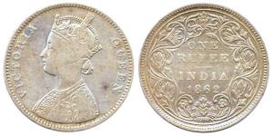 Victoria Queen, Silver, Rupee, 1862, Obv A / rev II Top No Dot, Bottom Seven Dots. Good+.