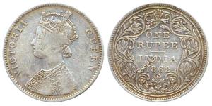 Victoria Queen, Silver, Rupee, 1862, Obv A / rev II Top No Dot, Bottom Six Dots. About Fin