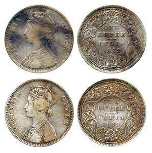 Victoria Queen, Silver (2), Rupee, 1862, Obv A / rev II, Top No Dot, Bottom 5 dots. About 