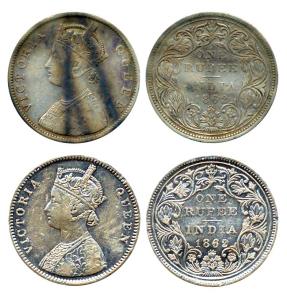 Victoria Queen, Silver (2), Rupee, 1862, Bombay Mint, A / II / 0 / 4 and B / II / 0 / 4. F