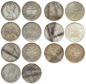Victoria Queen, Silver (7), Rupee, B / II / 0 / 0, Madras Mint, A / I / 0 / 0, Calcutta Mi