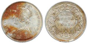 Victoria Queen, Silver, Rupee, 1862, obv A / rev II, Top No Dot, Bottom Four Dots. Fine.