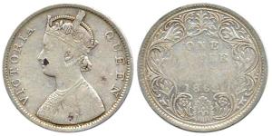 Victoria Queen, Silver, Rupee, 1862, Bombay Mint, obv B / rev I. Top No Dot, Bottom 3 Dots