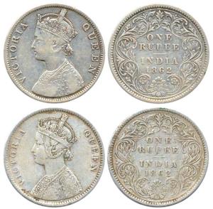 Victoria Queen, Silver (2), Rupees, 1862, A/ III / 0 / 0 and B / III / 0 /0. About Fine to