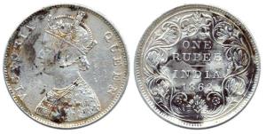 Victoria Queen, Silver, Rupee, 1862, B / II / 0 / 0, Elongated Pearls, with Frame Effect. 