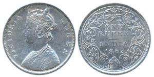 Victoria Queen, Silver, Rupee, 1862, B / II (a) / 0 / 0, Four Pineapple. Fine, Rare.