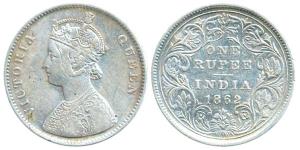 Victoria Queen, Silver, Rupee, 1862, obv A / rev II, No Dots, Round Pearls on Crown. Fine,