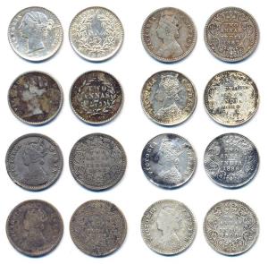 Victoria Queen and Empress, Silver (8), 2 Annas, 1841 (2), 1862, 1874, 1887, 1888, 1896 an