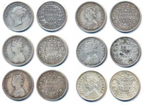 Victoria Queen and Empress, Silver (6), 2 Annas, 1841, 1862, 1874 (2), 1884 and 1888. Very