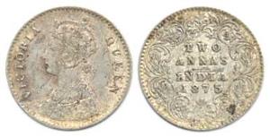 Victoria Queen, Silver, 2 Annas, 1875, Obv A / rev I, No Mint Mark. Scratches on obv. Abou