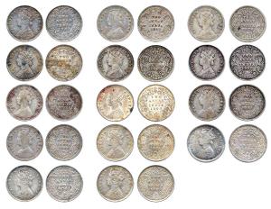 Victoria Empress, Silver (14), 2 Annas, 1877, 1878 (2), 1885, 1889, 1890 (2), 1891, 1892, 