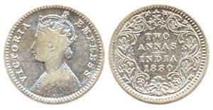 Victoria Empress, Silver, 2 Annas, 1880, Calcutta Mint, obv B / rev II, ’C’ incuse. Good+.