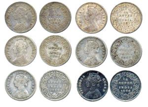 Victoria Queen and Empress, Silver (6), ¼ Rupee, 1862 (2), 1876, 1883, 1891 and 1896. Very
