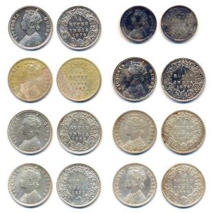 Victoria Queen and Empress, Silver (8), ¼ Rupee, 1862, 1876 Rare (2), 1889, 1892, 1897 (Ra