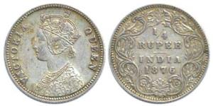 Victoria Queen, Silver, ¼ Rupee 1876, Calcutta Mint but no Mint Mark, obv A / Rev I. About