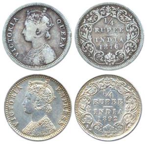 Victoria Queen and Empress, Silver (2), ¼ Rupee, 1876 (Rare), 1892. About Fine to About Ex