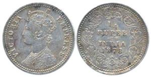 Victoria Empress, Silver, ¼ Rupee, 1878, Calcutta Mint, obv C / rev II. Very Fine+.